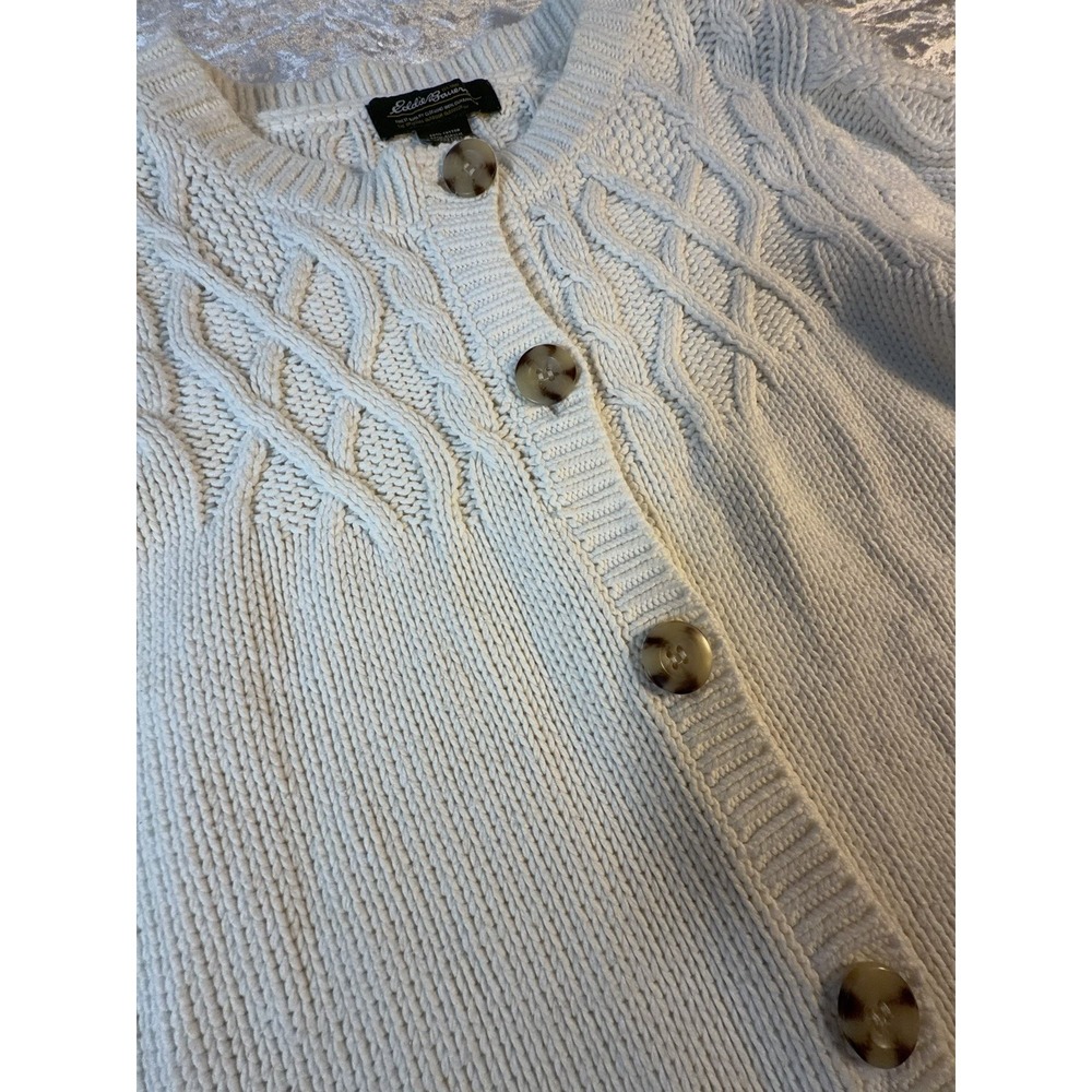 Vintage Y2K Eddie Bauer Womens L Petite Cable Knit Cardigan Sweater Ivory - Picture 3 of 8